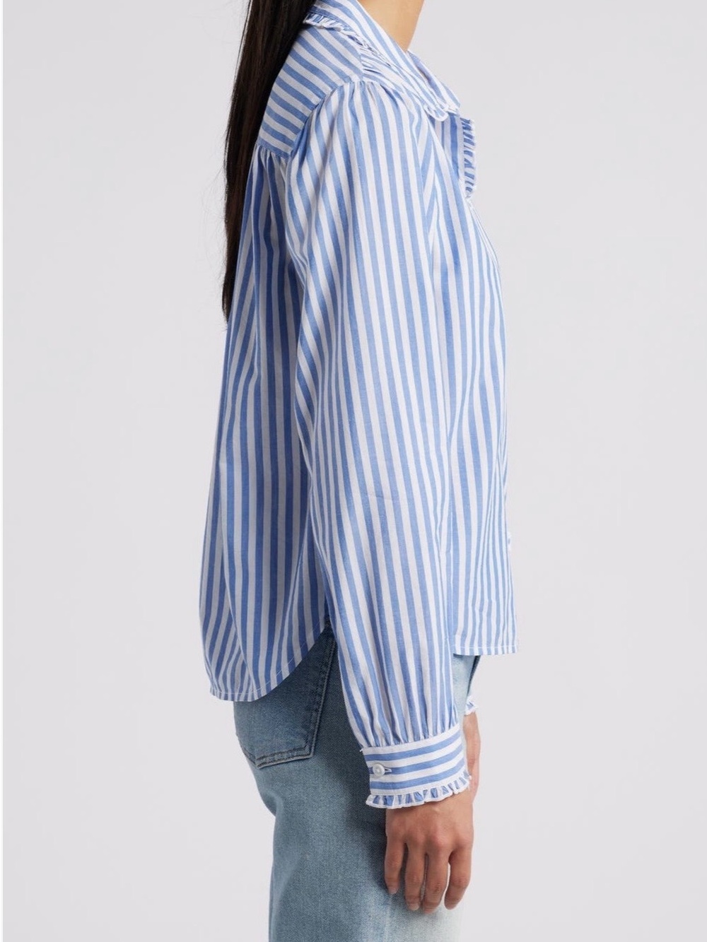 beachlunchlounge Blue & White Ciara Striped Ruffle-Trim Button Shirt XS - Picture 4 of 7